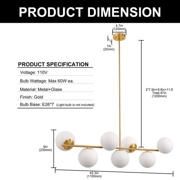 Briignite 7-Light Gold Metal Pendant Chandelier with White Globe