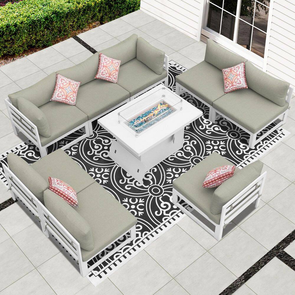 Extra Large White 9-Piece Aluminum Patio Fire Pit Conversation Set Deep Sea