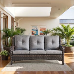 3-Seat Brown PE Wicker Outdoor Couch with Gray Cushions and Curved Arm Design