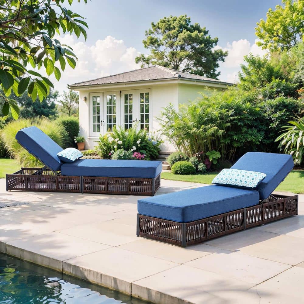 Facent Brown 2-Piece Wicker Outdoor Chaise Lounge Patio Adjustable Back Day Bed Recliner with 5 in. Thick Blue Cushions price history on PriceWatchPro