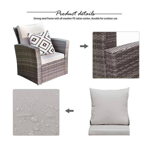 Gray 4-Piece Wicker Patio Furniture Set with Cushions
