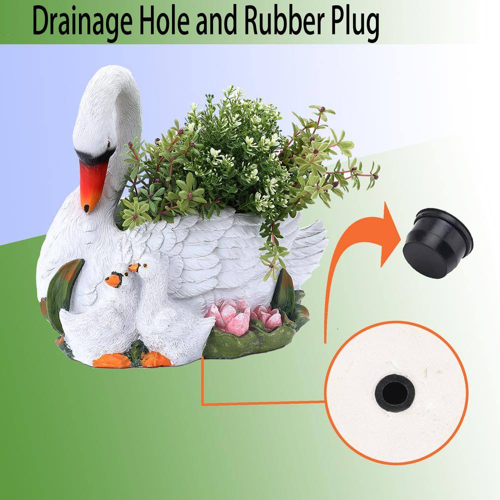 White Resin Swan Family Planter with Multicolor Accents