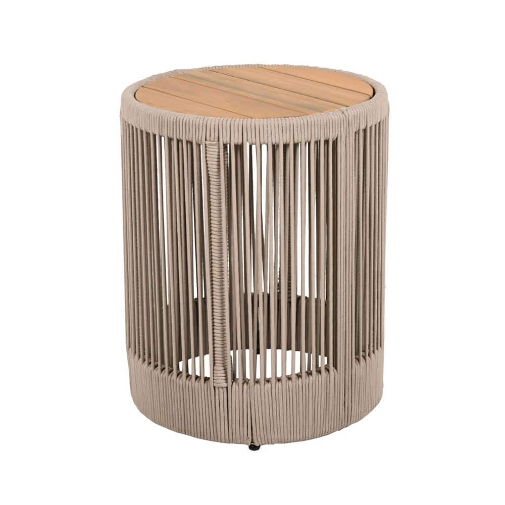 Brown Teak Wood Outdoor Side Table with Rattan Rope Accents, Weather-Resistant Patio Furniture for Garden and Balcony price history on PriceWatchPro