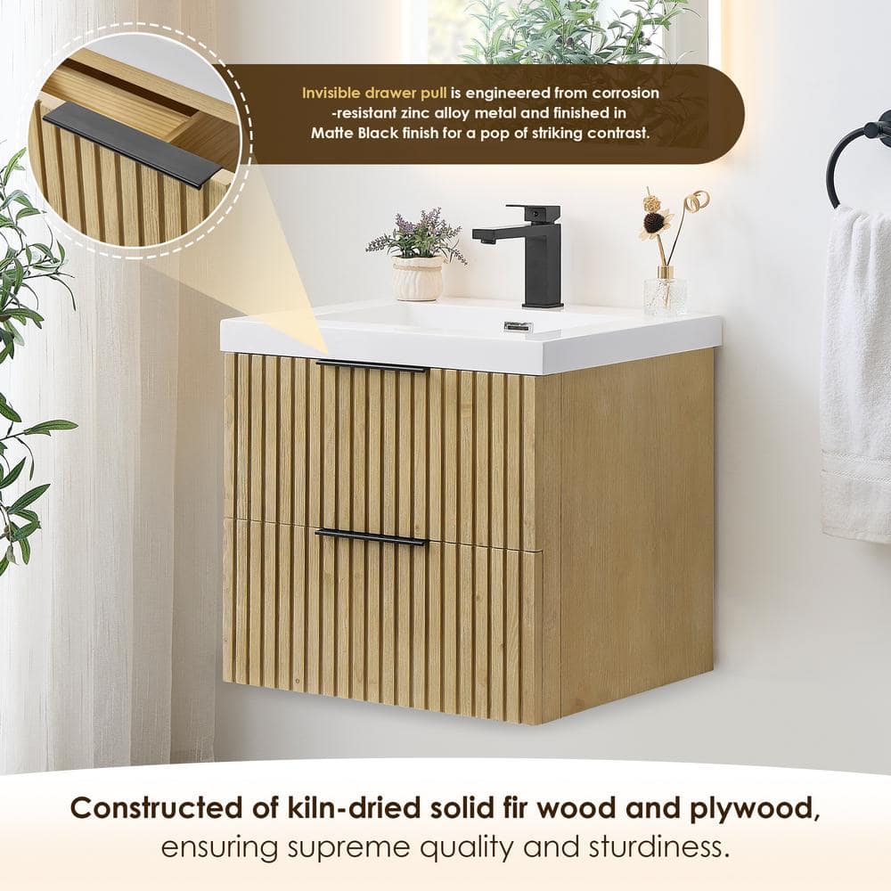 Livia 24" Nature Brown Fir Wood Wall-Mounted Vanity with White Sink