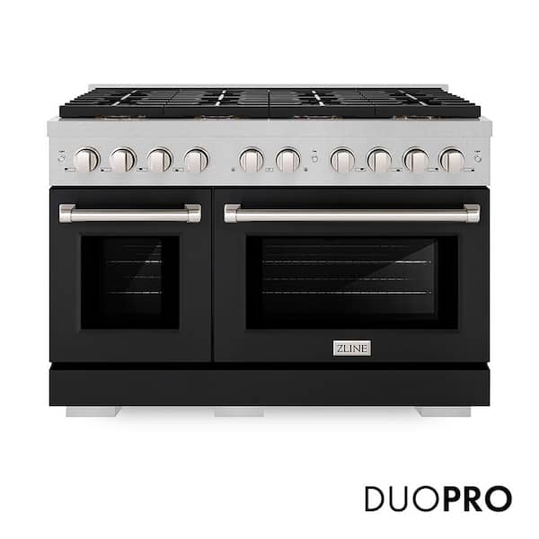 48 in. 6.7 cu. ft. Paramount Gas Range with 8-Burner DuoPro Cooktop and Dual Ovens in Satin Stainless with Black Matte