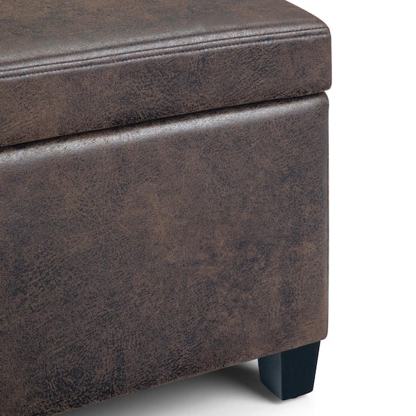 Simpli Home Avalon Faux Leather Storage Ottoman Bench in Distressed Brown