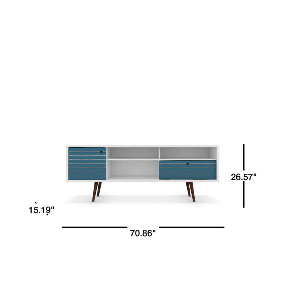 White and Aqua Blue Mid-Century Modern TV Stand with Cabinet