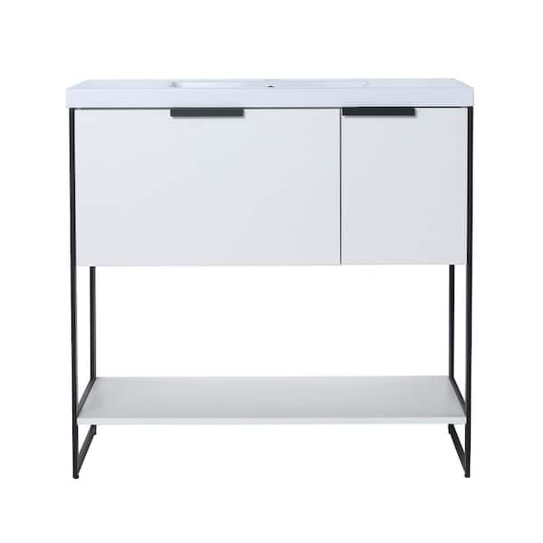 FORCLOVER 35-7/16 in. W x 18-1/8 in. D x 34-1/4 in. H Bath Vanity in White Straight Grain with White Resin Top