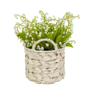11 in Artificial Floral Arrangements Lily of the Valley Bouquet in White Basket- Color: Green