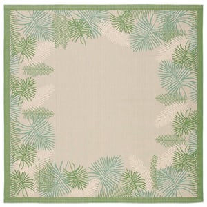 Courtyard Cream/Green 7 ft. x 7 ft. Border Abstract Palm Leaf Indoor/Outdoor Patio  Square Area Rug