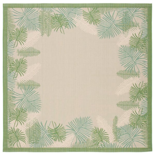 SAFAVIEH Courtyard Cream/Green 7 ft. x 7 ft. Border Abstract Palm Leaf Indoor/Outdoor Patio  Square Area Rug