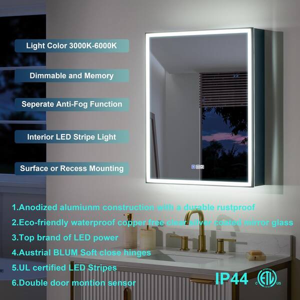 WELLFOR Right Hinge 24-in x 32-in Lighted LED Fog Free Surface Mount Aluminum Mirrored Soft Close Medicine Cabinet with Outlet