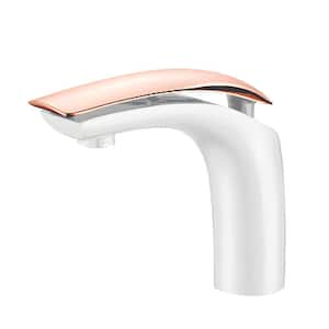 Single Handle Single Hole Bathroom Faucet with Drain Kit Included in Matte White Whte/Rose Gold