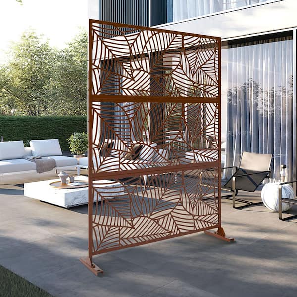 47 in. x 72 in. 3-Panel Brown Metal Garden Screens Room Divider Outdoor Privacy Screen Decorative Metal Balcony Panel