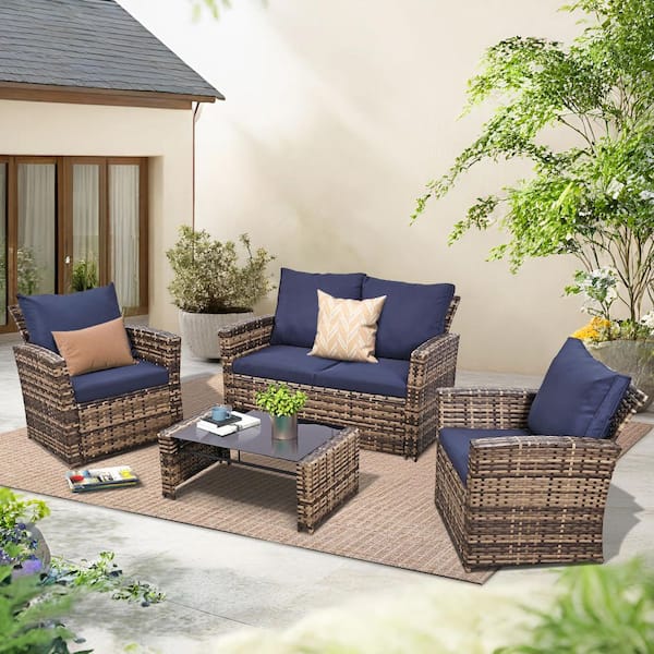 JUSKYS New Mixed-Brown Wicker 4-Piece Patio Furniture Conversation Set w/ Navy Blue Cushions and Table for Deck Porch Backyard