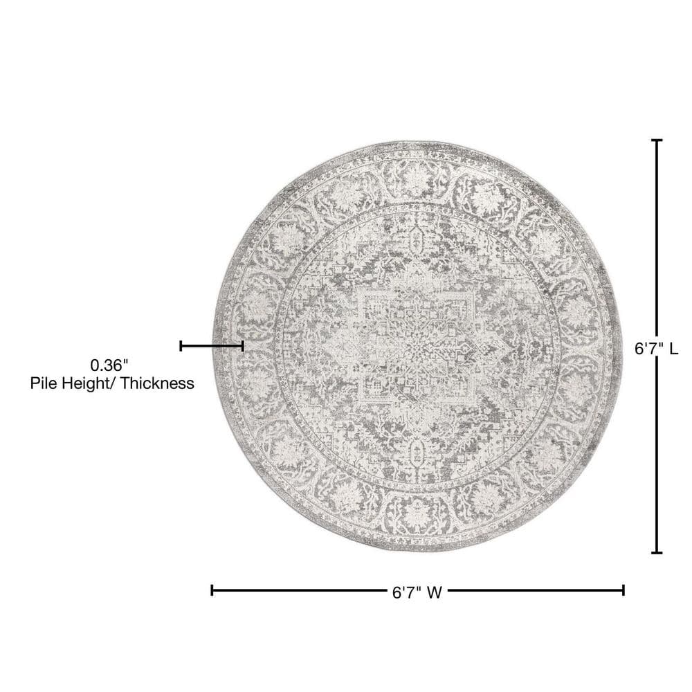 Light Gray Round Synthetic Medallion Area Rug, 6' Diameter