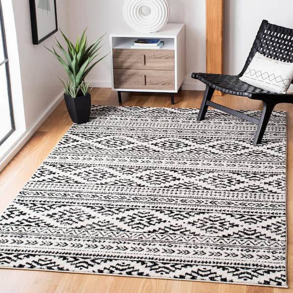 Tulum Ivory/Black 9 ft. x 9 ft. Square Tribal Geometric Striped Area Rug