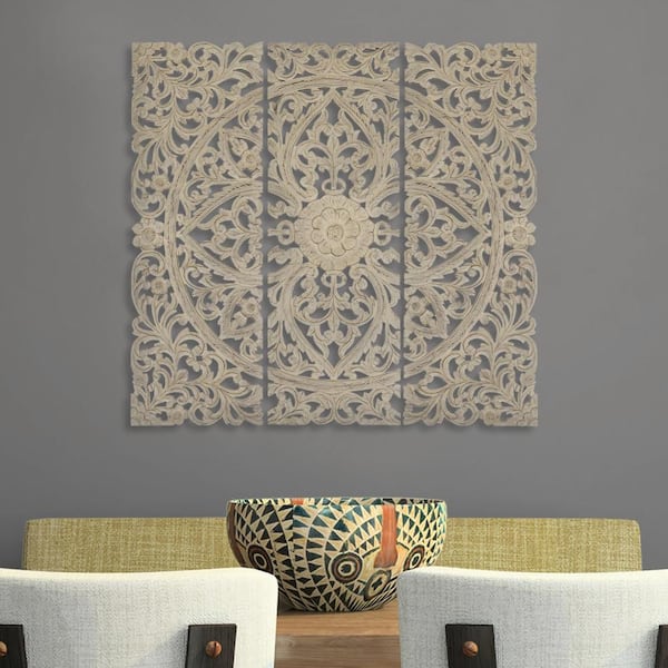 Benjara Floral Hand Carved Wooden Wall Plaque