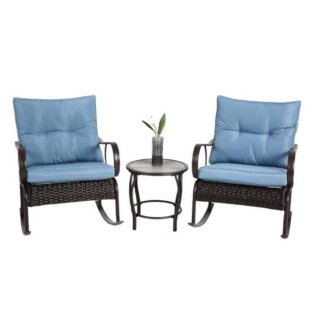 3-Piece Metal Round 17.32 in. Outdoor Bistro Set with Blue Cushions and ...