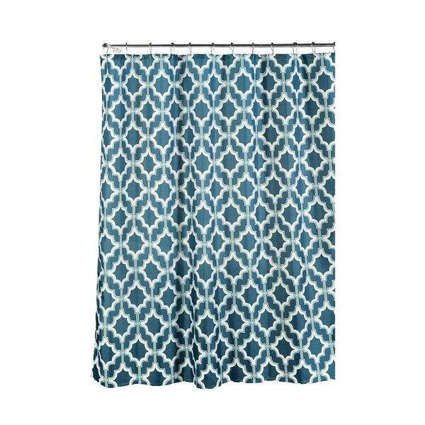 Creative Home Ideas Faux Linen Textured 70 in. W x 72 in. L Shower Curtain with Metal Roller Rings in Loren Blue/White