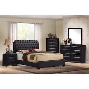 Black PU Wooden Frame Queen Platform Bed with Button Tufted