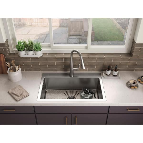 Cursiva 18-Gauge Stainless Steel 33 in. Single Bowl Drop-In or Undermount Kitchen Sink with Faucet