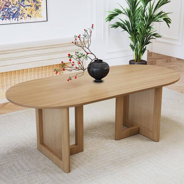Lirago 7-Pieces Natural Oval Wood Top Rattan Base Dining Table Set