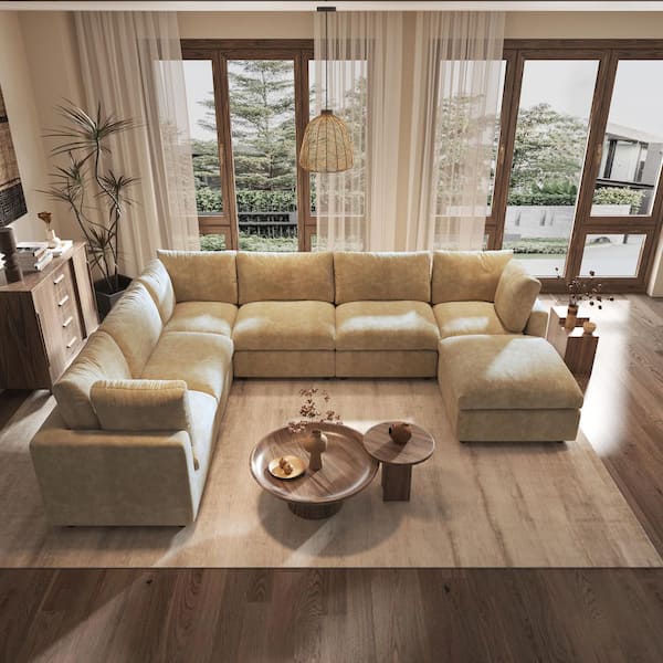 132 in. Square Arm Chenille L-Shaped Sectional Sofa with Ottoman For Living Room Couch in. Brown