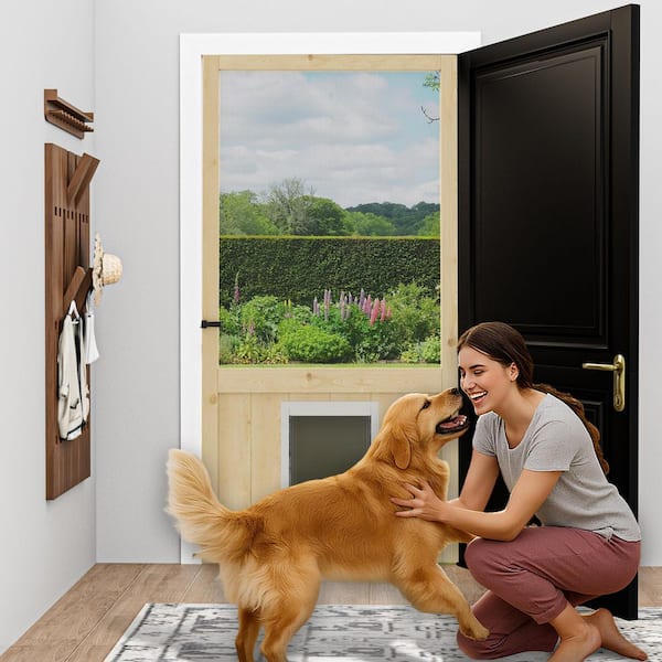 36 in. x 80 in. Universal Unfinished Pine Gauze Mesh Screen Door with Pet Access and Lock-Hinged Rustic Style