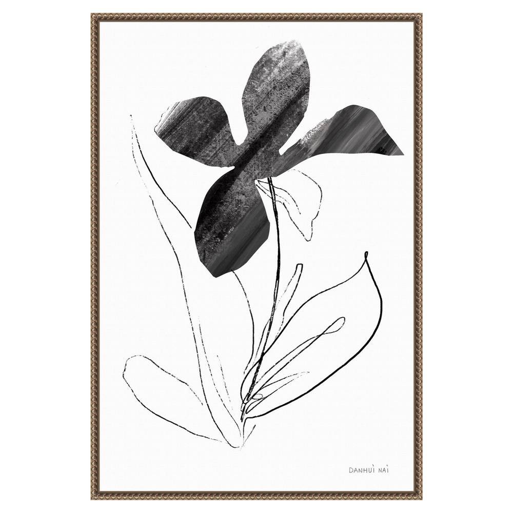 Black and White Abstract Floral Canvas with Bronze Frame