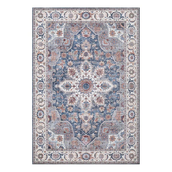 Aliyeh Navy 6 ft. x 9 ft. Woven Medallion Polyester Area Rug