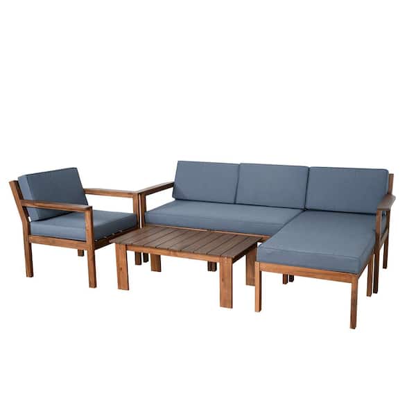 Angel Sar 4-Piece Wood Patio Conversation Set with a Small Table and Gray Cushions for Backyards and Balconies