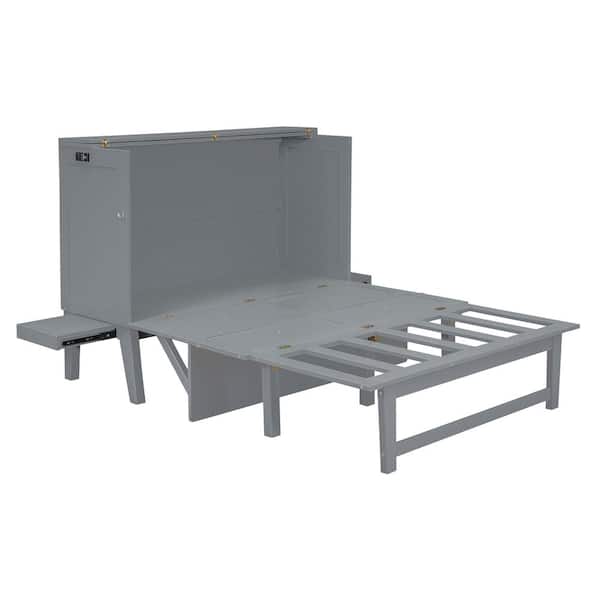 Gray Wood Frame Full Size Murphy Bed with USB Port and Removable Shelves on Each Side