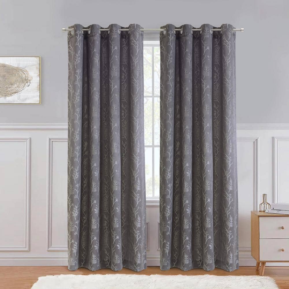 Silver Botanical Jacquard Light-Filtering Grommet Curtain Panel 52" x 95"