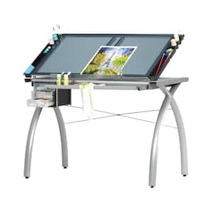 Futura Collection 38 in. W Silver/Blue Glass Metal and Glass Craft Table with Storage and Angle Adjustable Top