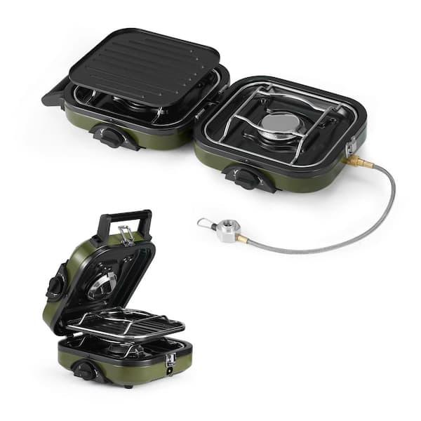 2 Burner Folding Camping Stove with Griddle Matte Finish Stainless Steel Piezo Ignition Outdoor Cooktop