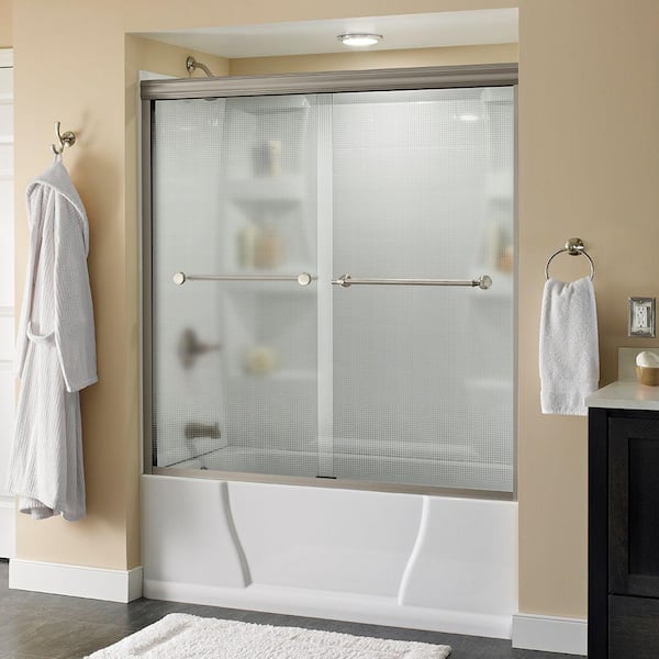 Delta Mandara 60 in. x 58-1/8 in. Semi-Frameless Traditional Sliding Bathtub Door in Nickel with Droplet Glass