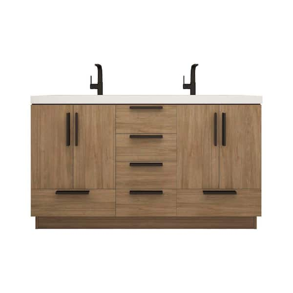 Carla 59 in. W x 20 in. D x 35 in. H Double Sink Freestanding Bath Vanity in Dark French Oak with White Acrylic Top