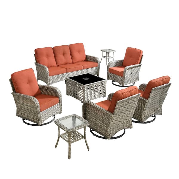 Beverly Gray 8-Piece Wicker Patio Conversation Sofa Seating Set with Swivel Chairs and Orange Red Cushions