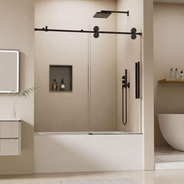 56 in.-60 in. W x 60 in. H Single Sliding Frameless Tub Door in Matte Black with 5/16 in. Clear Tempered Glass