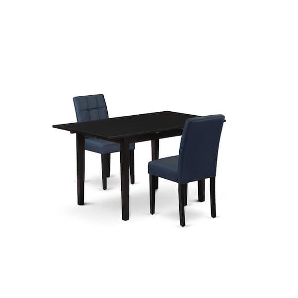 East West Furniture 3-Piece Black Finish Rectangular Solid Wood Top with Butterfly Leaf Dining Table Set