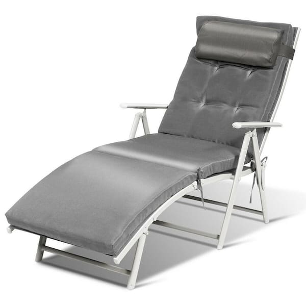 Gtnali Metal Folding Outdoor Chaise Lounge Chair with Cushion and Pillow in Gray