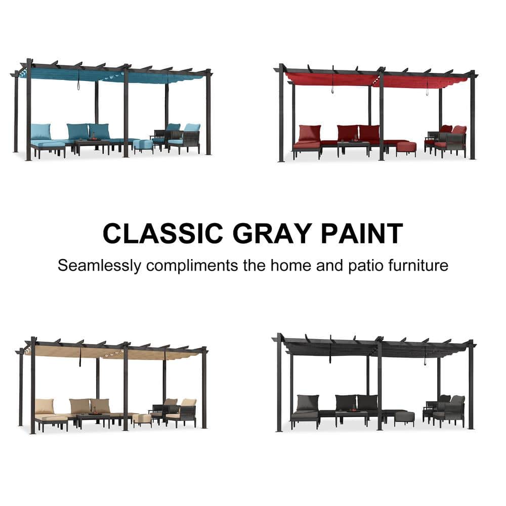 Gray Aluminum Pergola with Retractable Canopy, 10' x 18'
