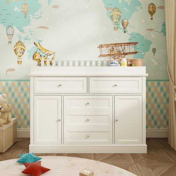 cream dresser for nursery Kingdely 46.3 in. Width White Wooden Dresser, Changing Table, Chest of Drawers with 3-Drawers, 4-Shelves and 2-Doors L-THD-330117-01-c Women's Denim blue Zip-Front Stylish Design VENDOR COLOR-CHOCOLATE Color:Dusty Brown