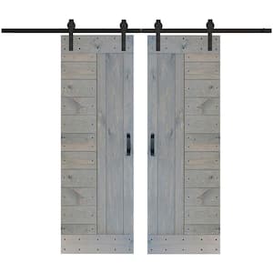 L Series 60 in. x 84 in. French Gray Finished Solid Wood Double Sliding Barn Door with Hardware Kit - Assembly Needed