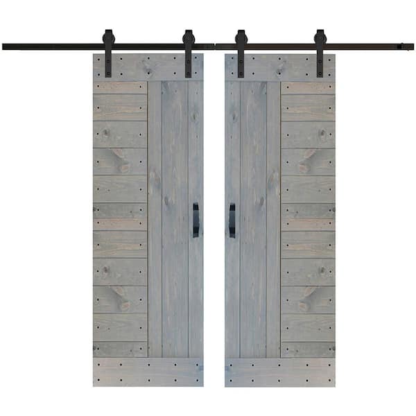 ISLIFE L Series 60 in. x 84 in. French Gray Finished Solid Wood Double Sliding Barn Door with Hardware Kit - Assembly Needed