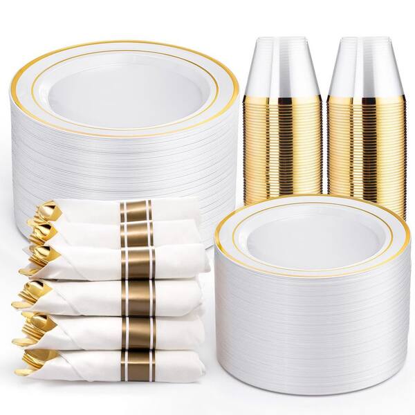 350-Piece Gold Disposable Plastic Dinnerware Set Service for 50, Premium Dinner Plates, Cups & Cutlery for Weddings