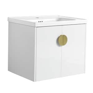 23.8 in. Wall Mounted Gloss White Bath Vanity with White Ceramic Top Unassembled