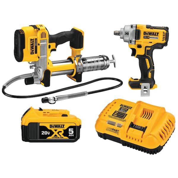 DEWALT 20V MAX XR Cordless Industrial 2 Tool Combo Kit with 1/2 in. Impact Wrench, Grease Gun, and (1) 20V 5.0Ah Battery