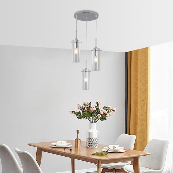 3-Light Chrome Rustic Pendant Design Hanging Chandelier Lighting with Glass Shade for Kitchen Island